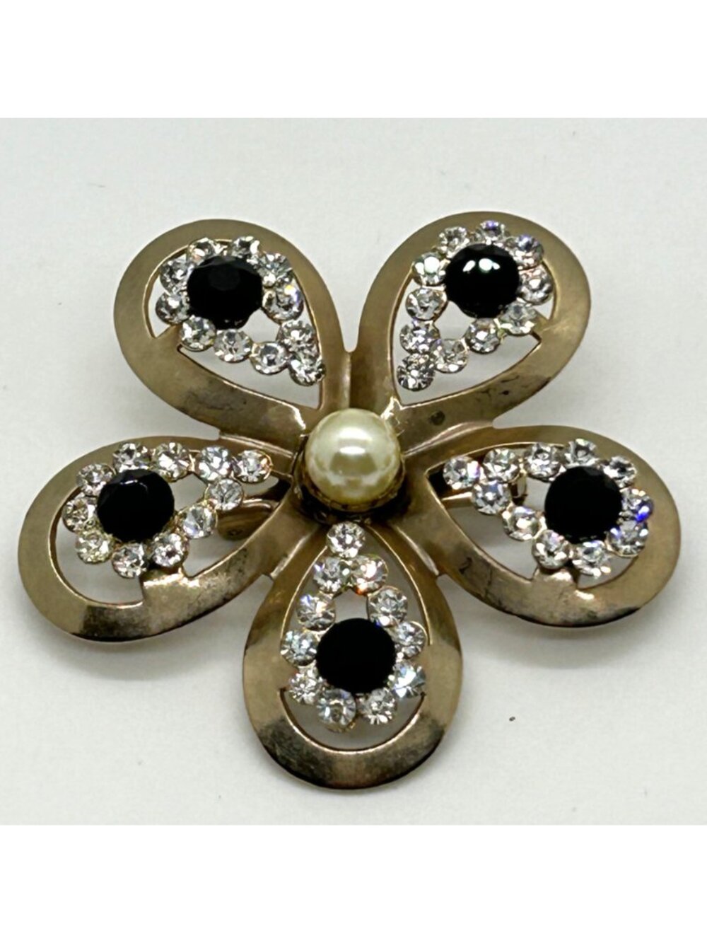 Vintage Gold Tone Flower Brooch Black Clear Rhinestones Faux Pearl Center Floral - Picture 2 of 12